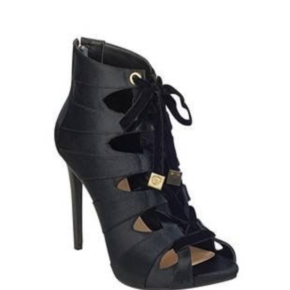 GUESS Satin Cutout Lace Up Black Booties - Heeled Ankle Boots Size 8 - Picture 1 of 8